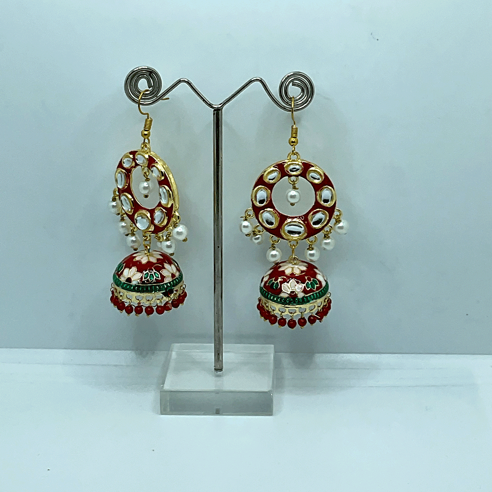 Meenakari Chandbali Jhumka Earrings - Kundan & Beads in Floral Design For Women & Girls