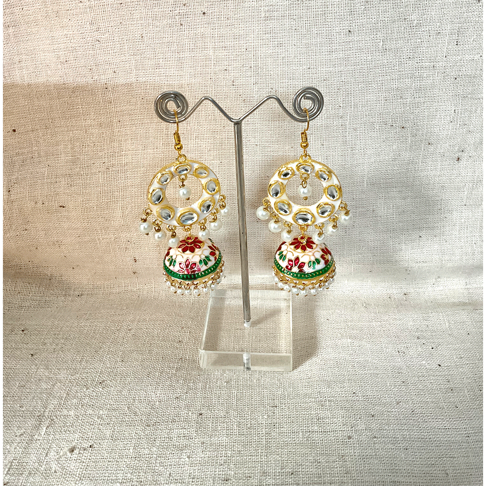 Meenakari Chandbali Jhumka Earrings - Kundan & Beads in Floral Design For Women & Girls Stylish Latest