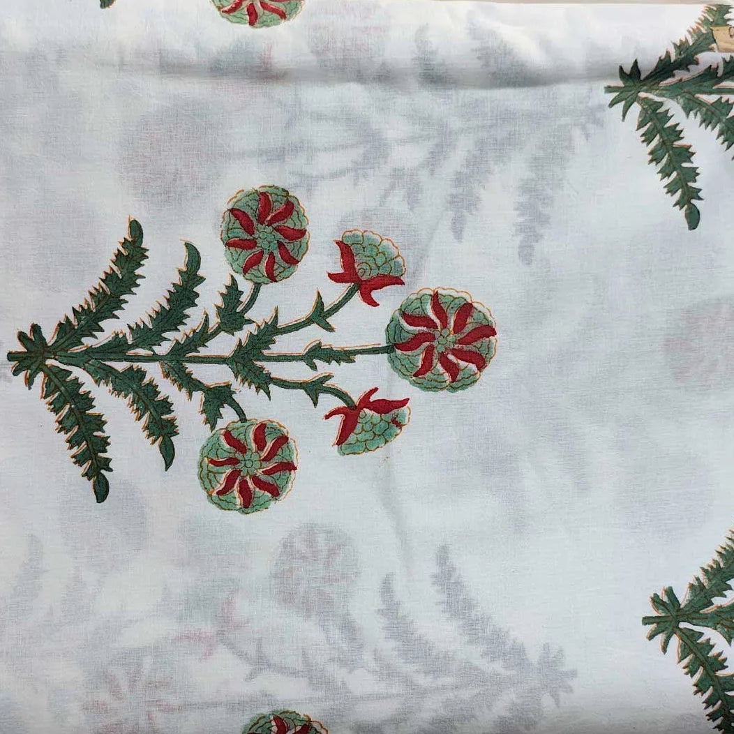 Sanganeri Hand Block Print Cotton Fabric – White Floral Print
