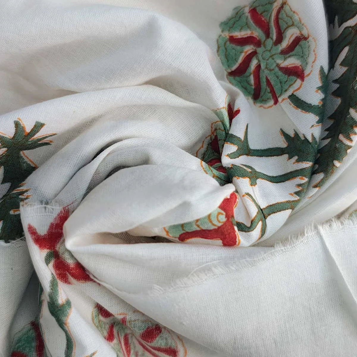 Sanganeri Hand Block Print Cotton Fabric – White Floral Print