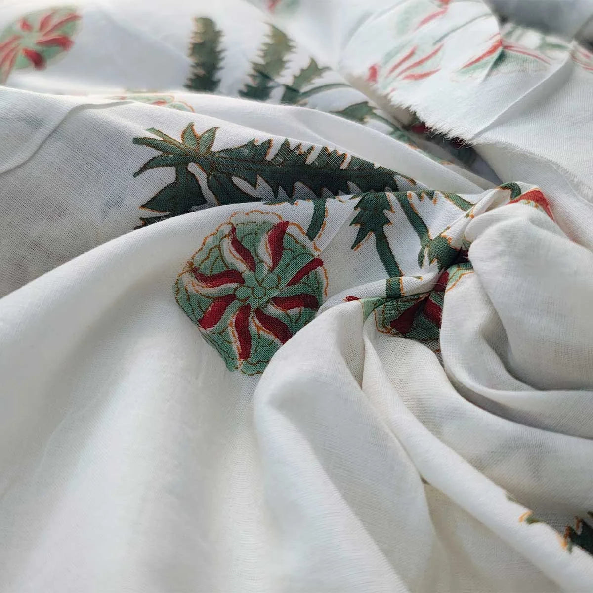Sanganeri Hand Block Print Cotton Fabric – White Floral Print