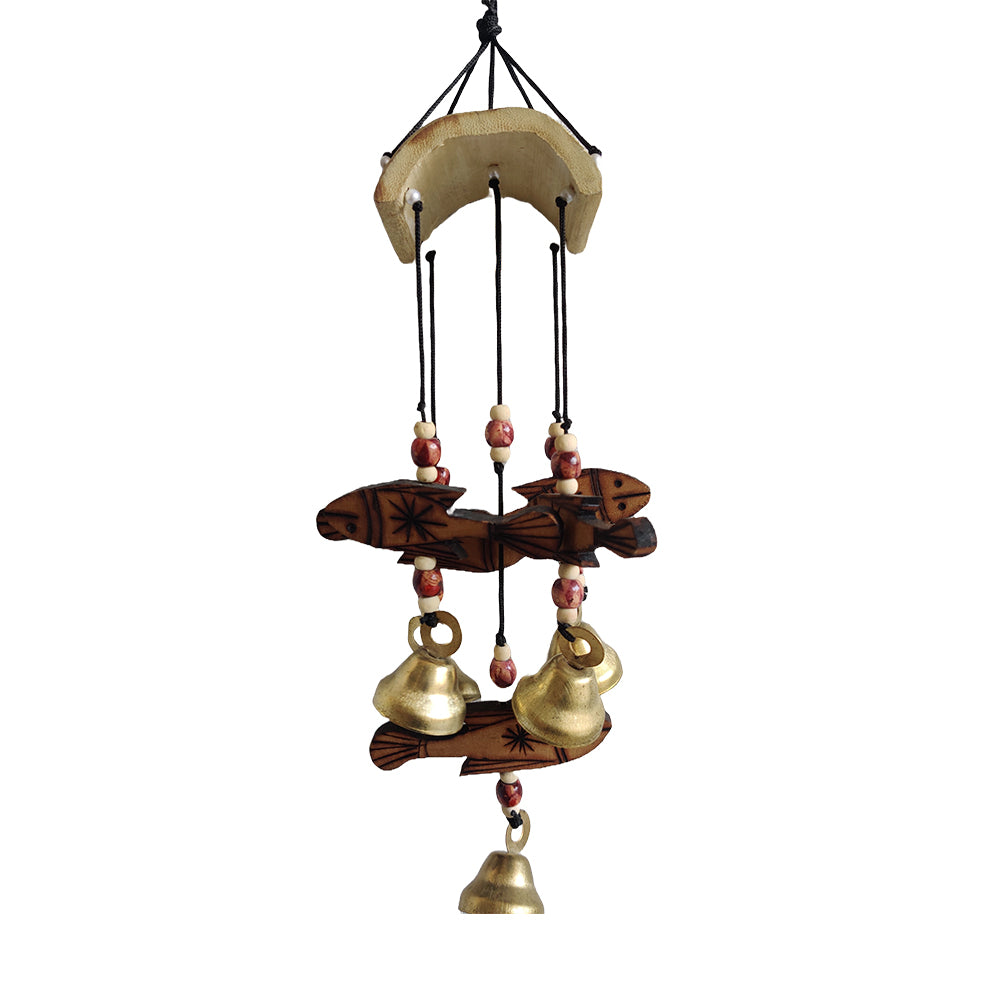 Handcrafted windchime with wooden fishes hanging on it