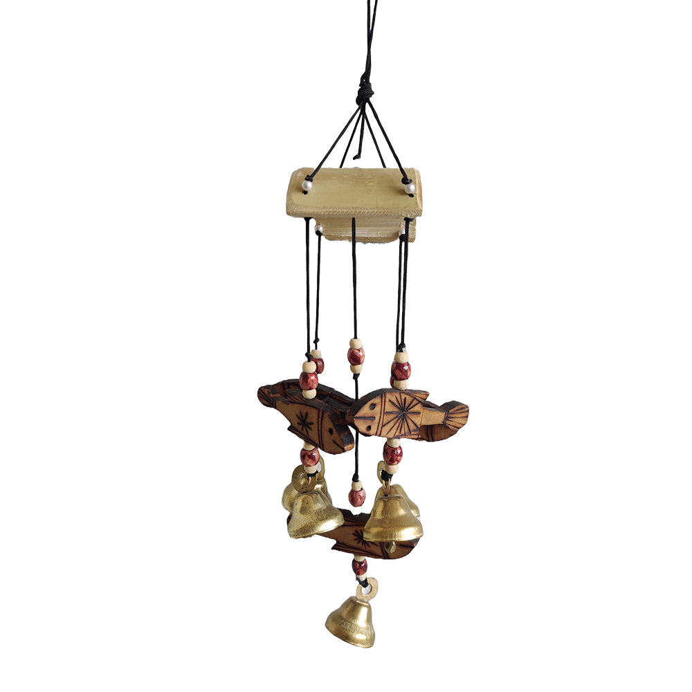 Handcrafted windchime with wooden fishes hanging on it
