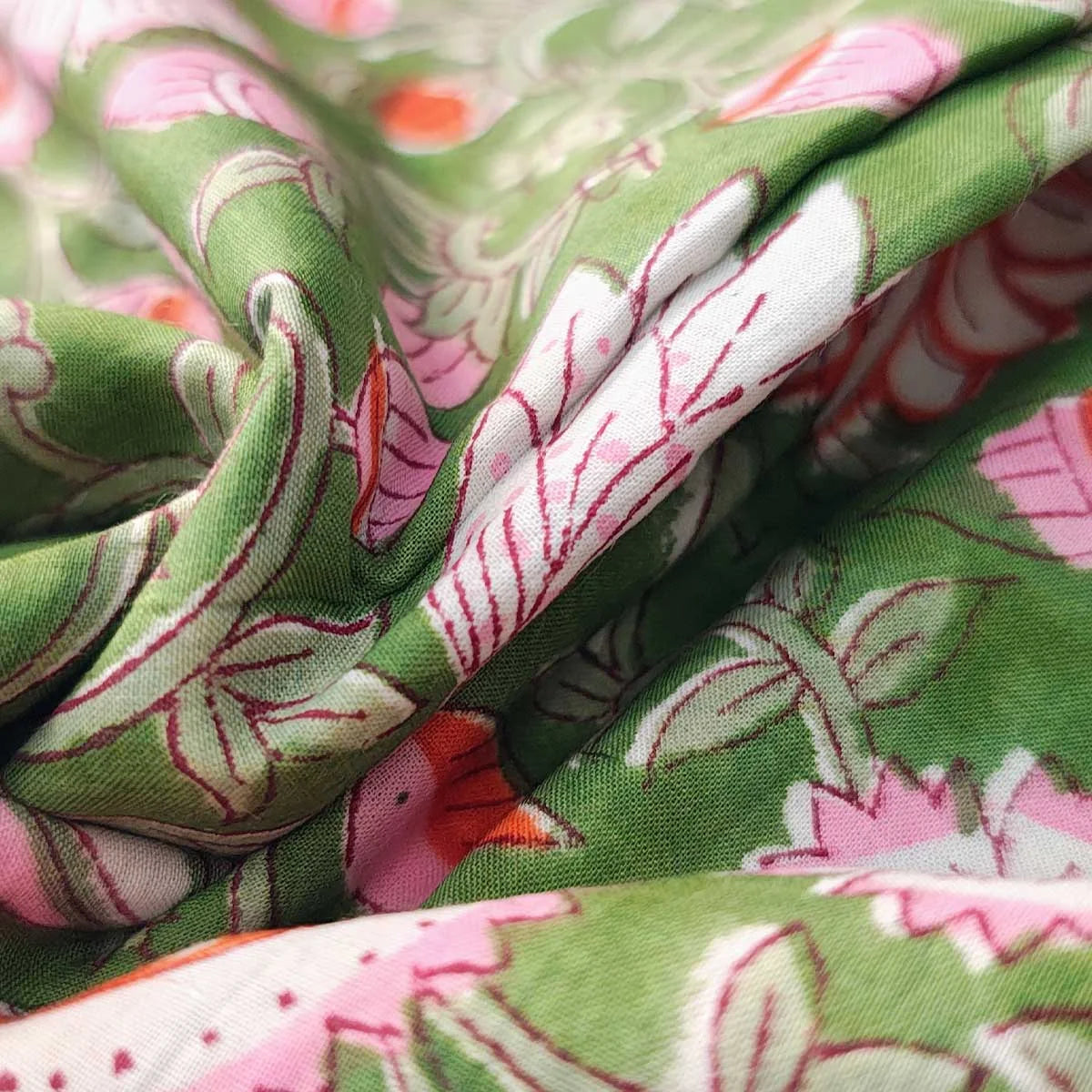 Sanganeri Hand Block Print Cotton Fabric – Green Floral Print