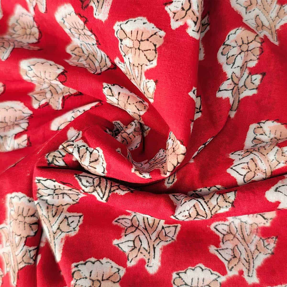 Sanganeri Hand Block Print Cotton Fabric – Red Floral Print