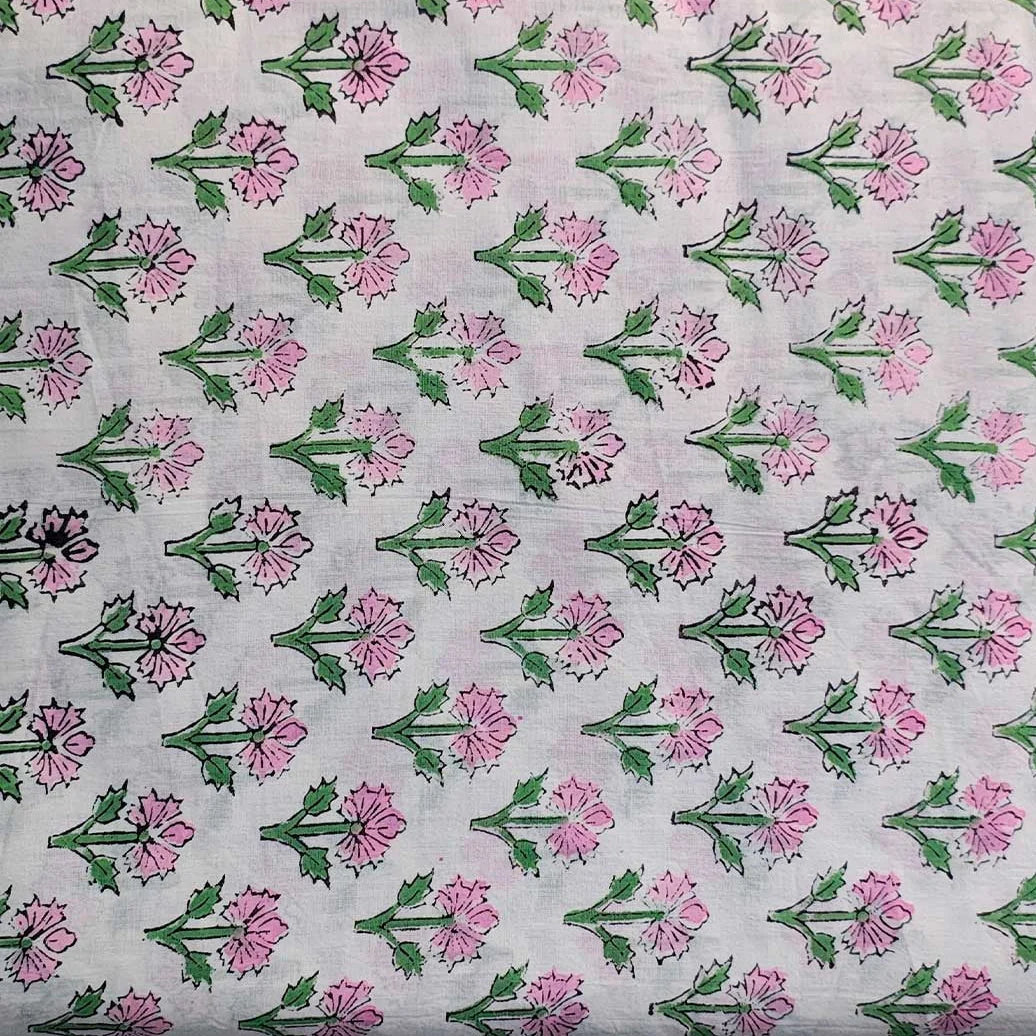 Sanganeri Hand Block Print Cotton Fabric – White Floral Print