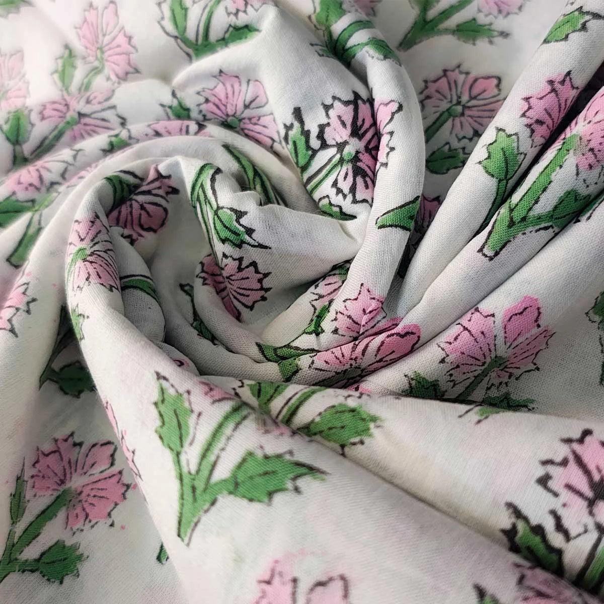 Sanganeri Hand Block Print Cotton Fabric – White Floral Print