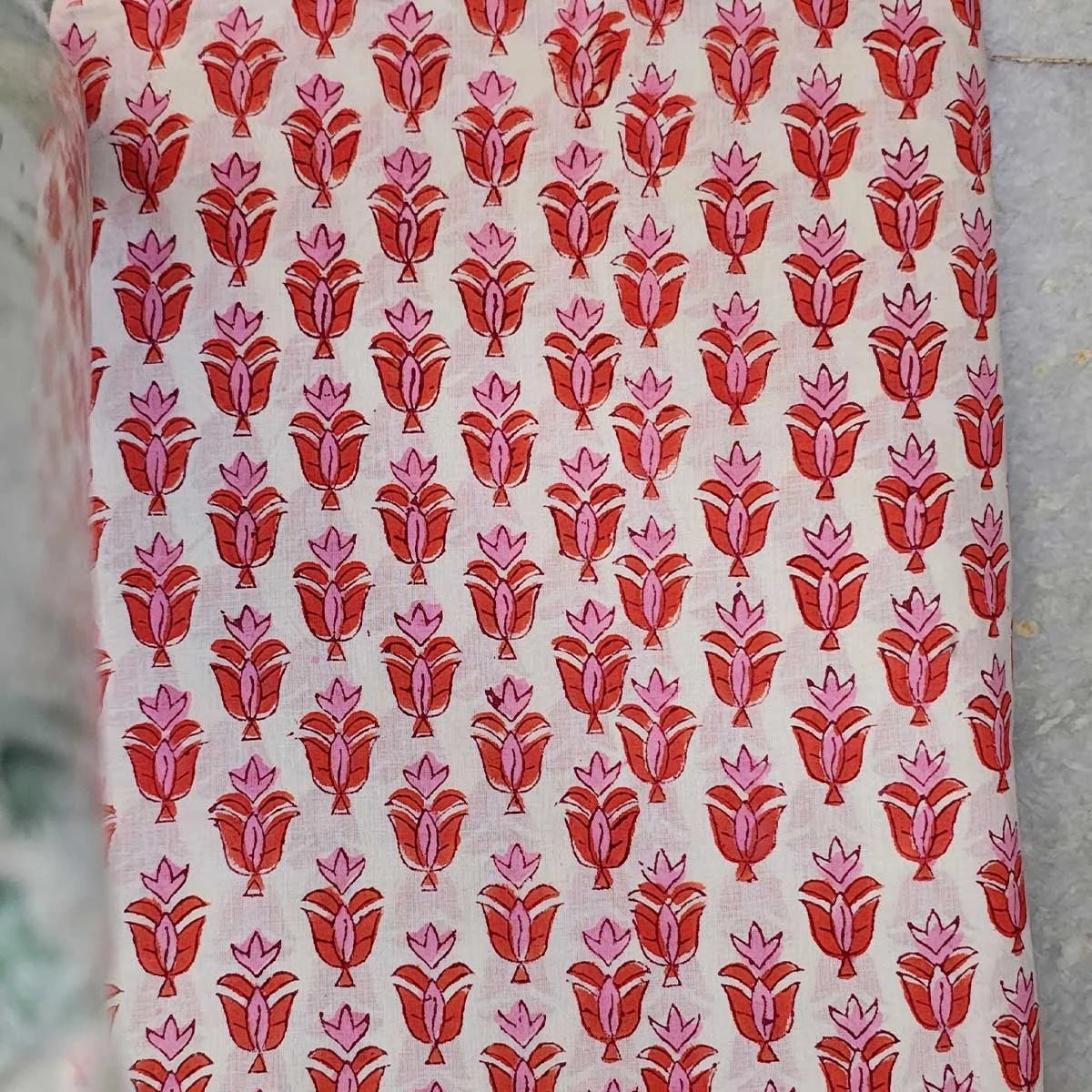 Sanganeri Hand Block Print Cotton Fabric – White And Orange Floral Print