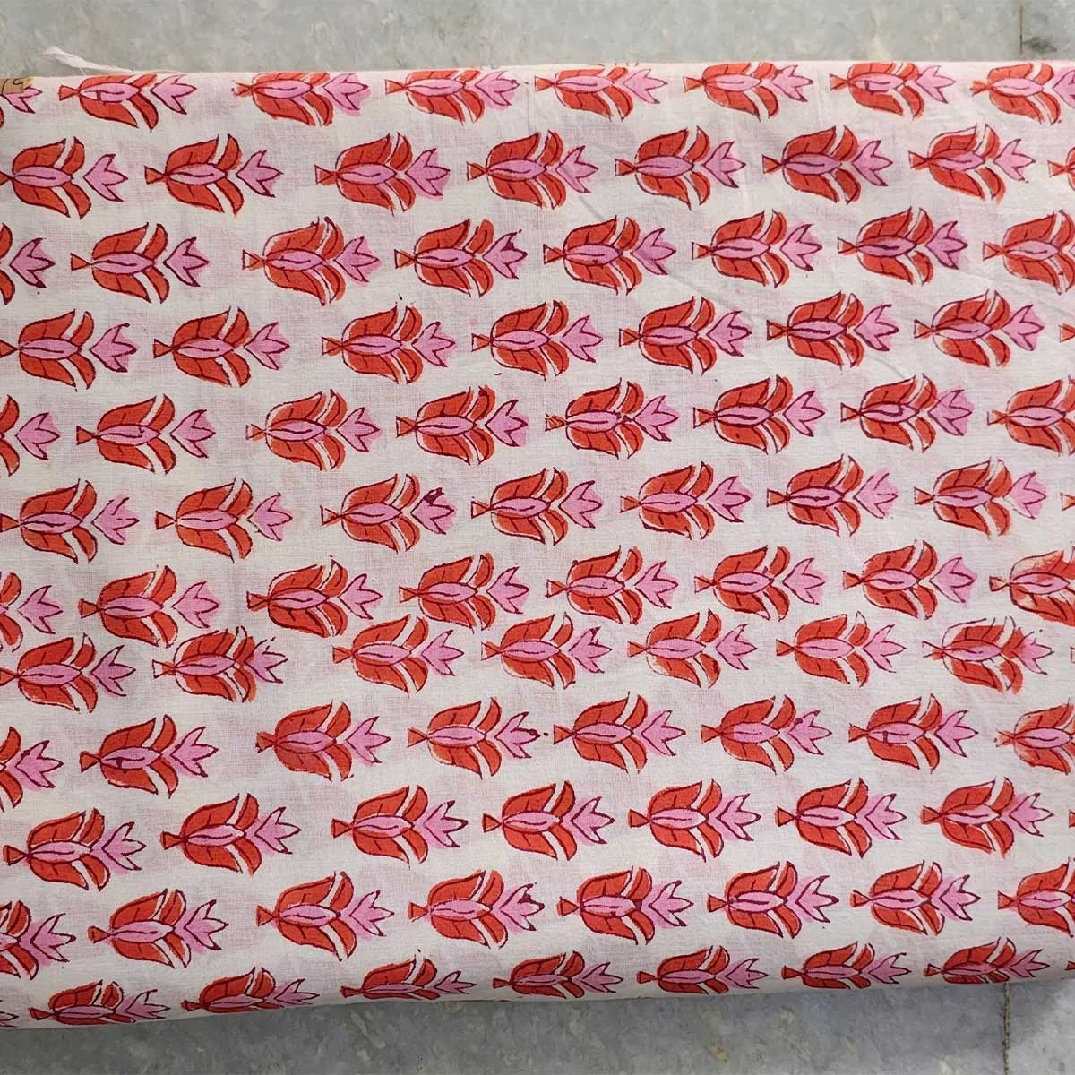 Sanganeri Hand Block Print Cotton Fabric – White And Orange Floral Print