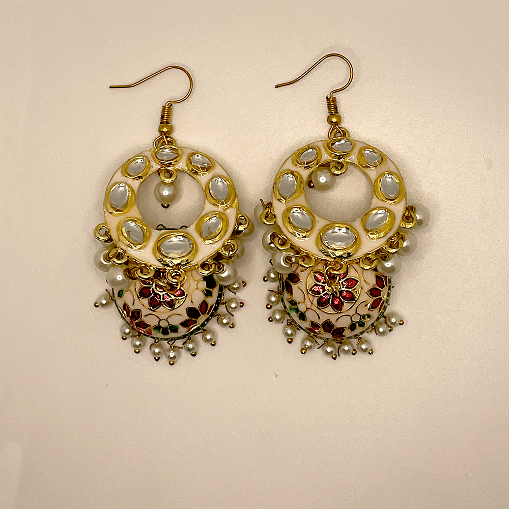 Meenakari Chandbali Jhumka Earrings - Kundan & Beads in Floral Design For Women & Girls Stylish Latest