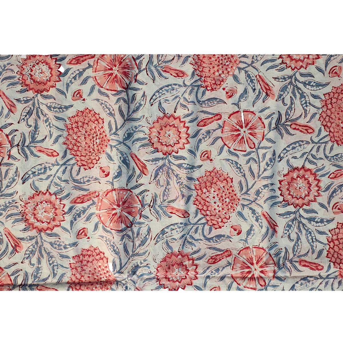 Sanganeri Hand Block Print Cotton Fabric – Coral Floral on Ivory