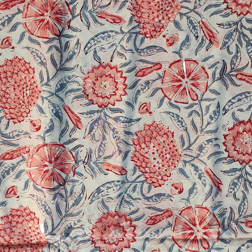 Sanganeri Hand Block Print Cotton Fabric – Coral Floral on Ivory