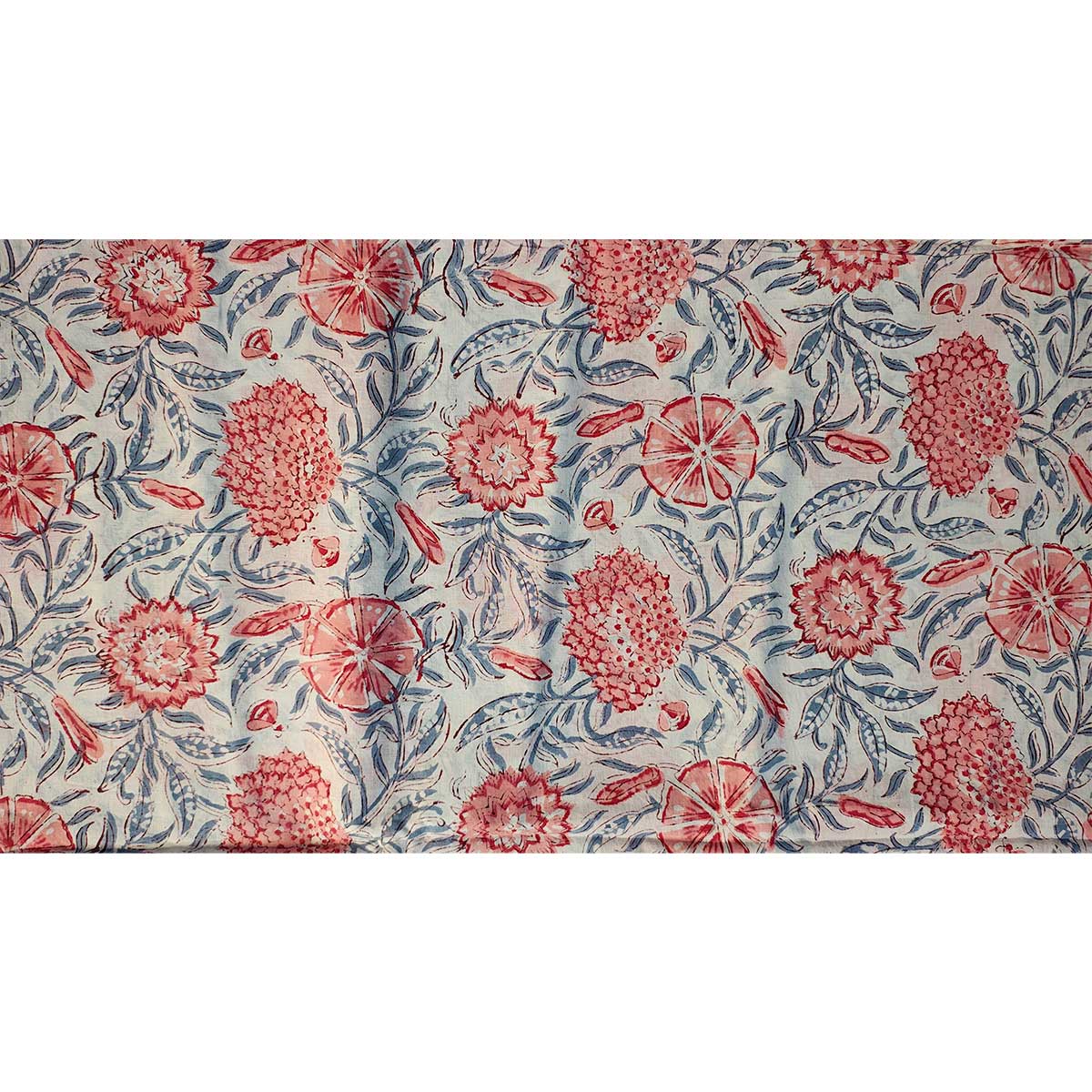 Sanganeri Hand Block Print Cotton Fabric – Coral Floral on Ivory