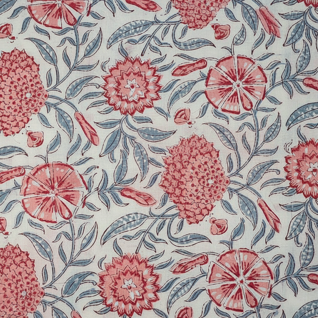 Sanganeri Hand Block Print Cotton Fabric – Coral Floral on Ivory