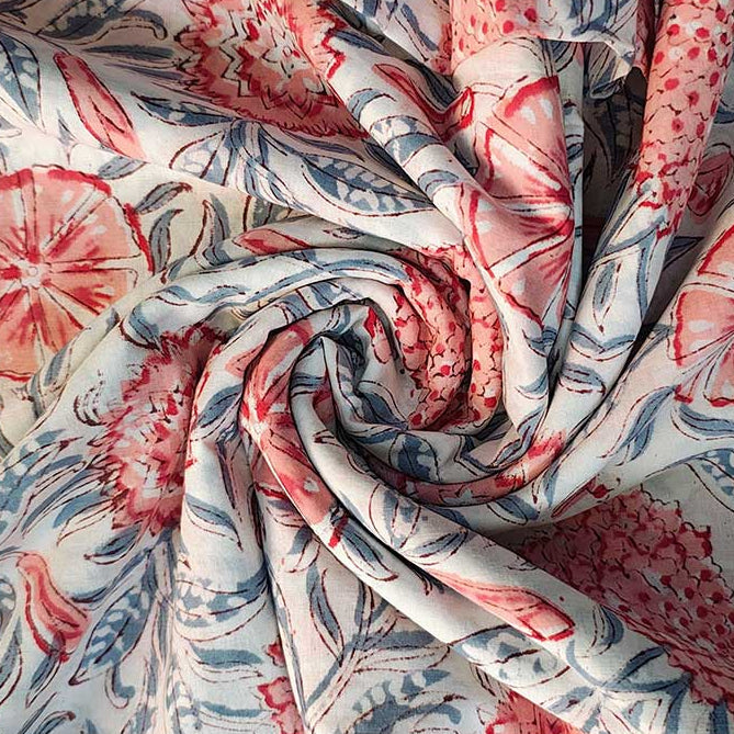 Sanganeri Hand Block Print Cotton Fabric – Coral Floral on Ivory