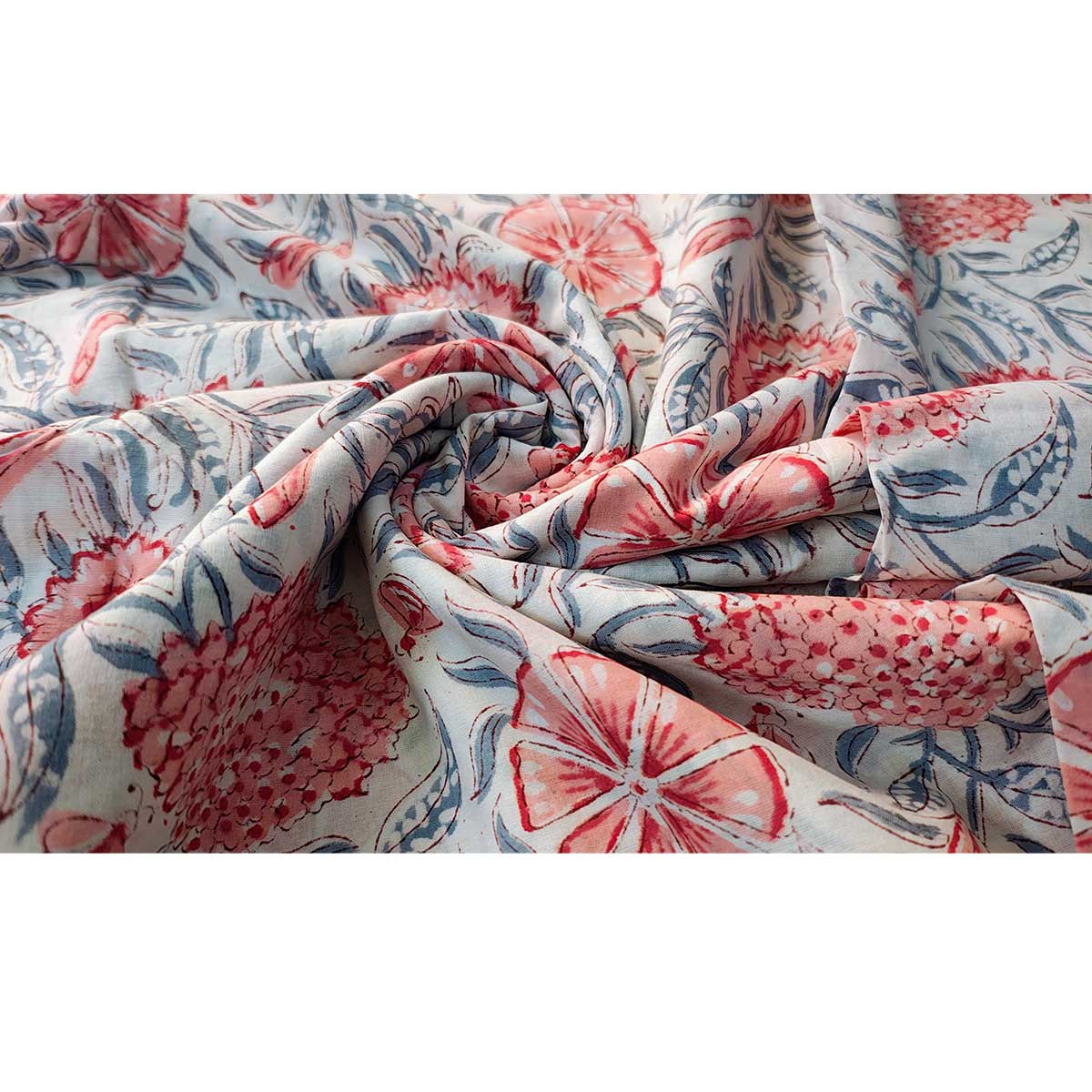 Sanganeri Hand Block Print Cotton Fabric – Coral Floral on Ivory