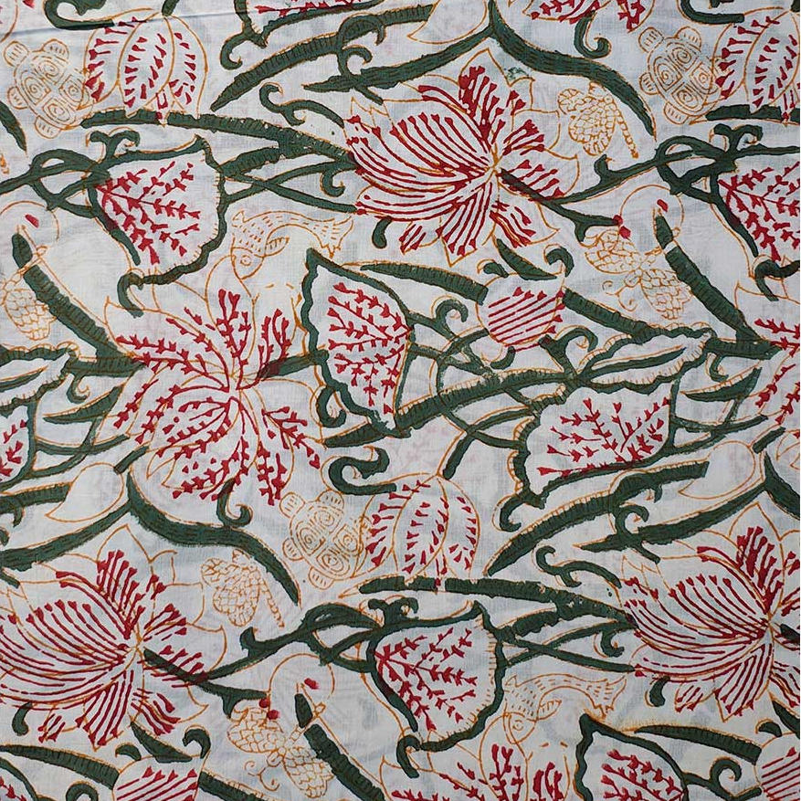 Sanganeri Hand Block Print Cotton Fabric – Green Vine Floral