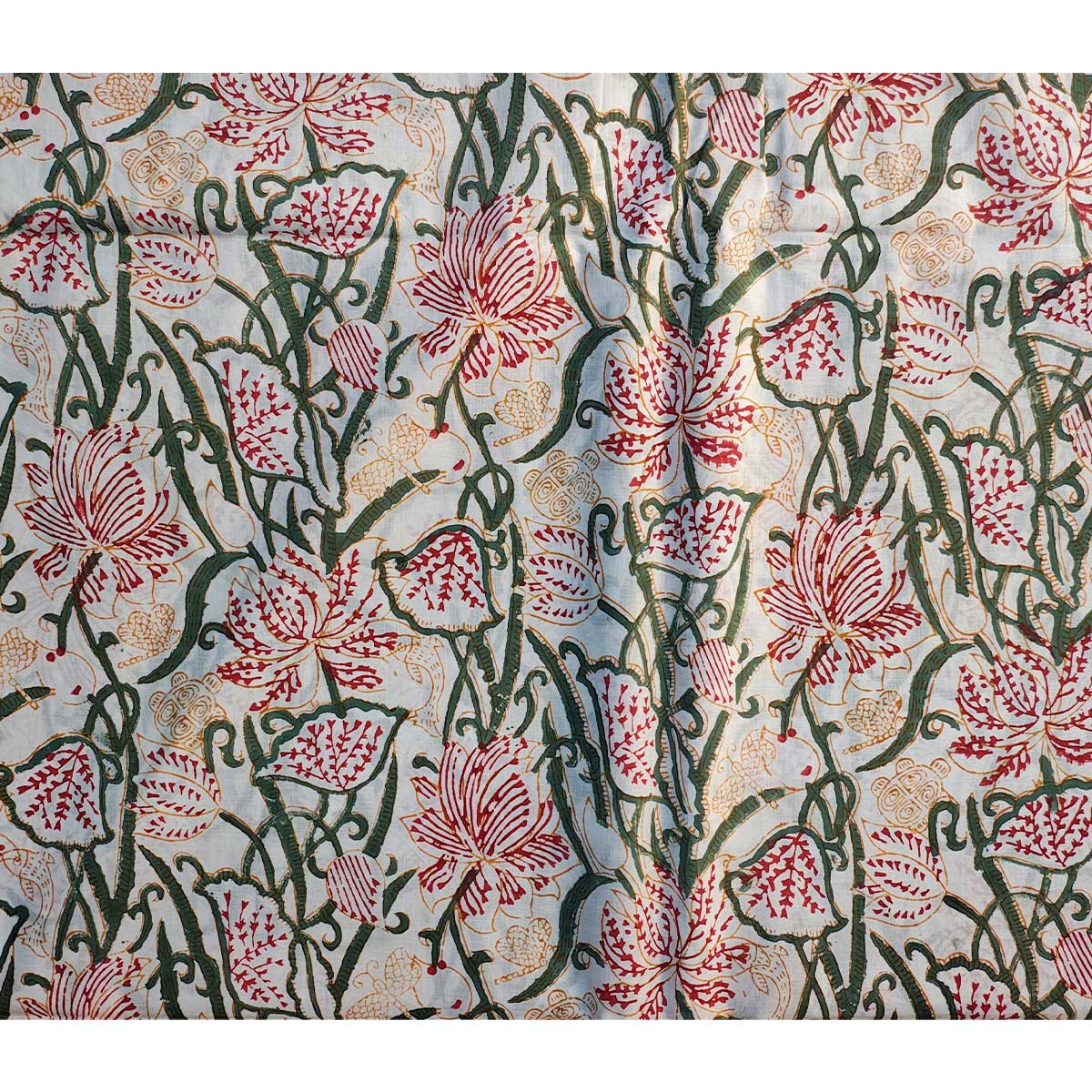 Sanganeri Hand Block Print Cotton Fabric – Green Vine Floral