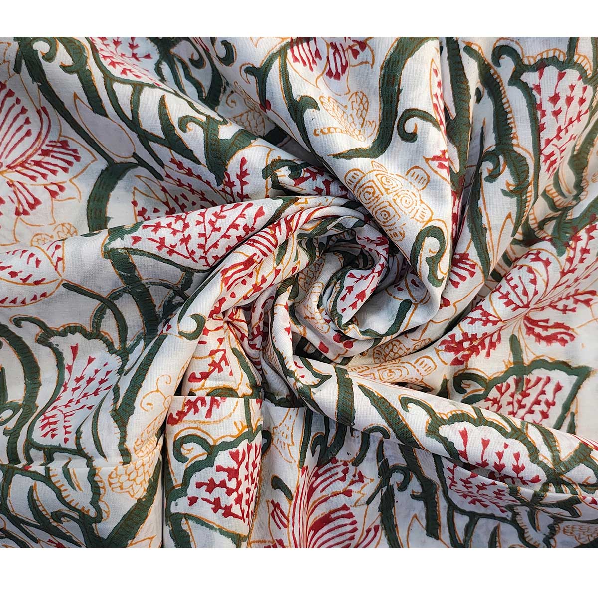 Sanganeri Hand Block Print Cotton Fabric – Green Vine Floral