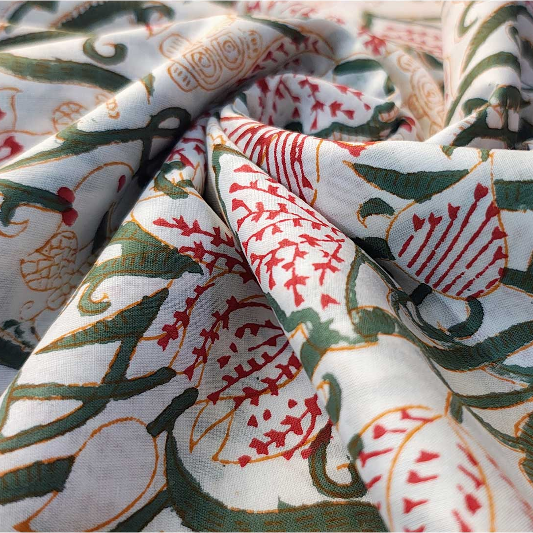 Sanganeri Hand Block Print Cotton Fabric – Green Vine Floral