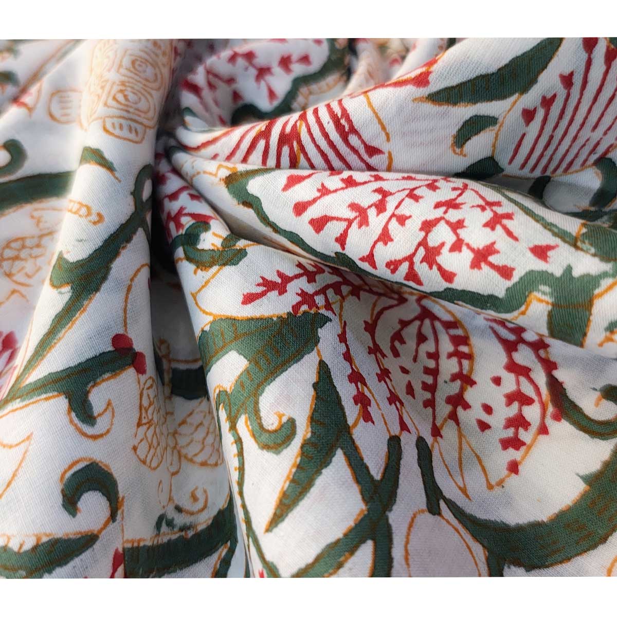 Sanganeri Hand Block Print Cotton Fabric – Green Vine Floral