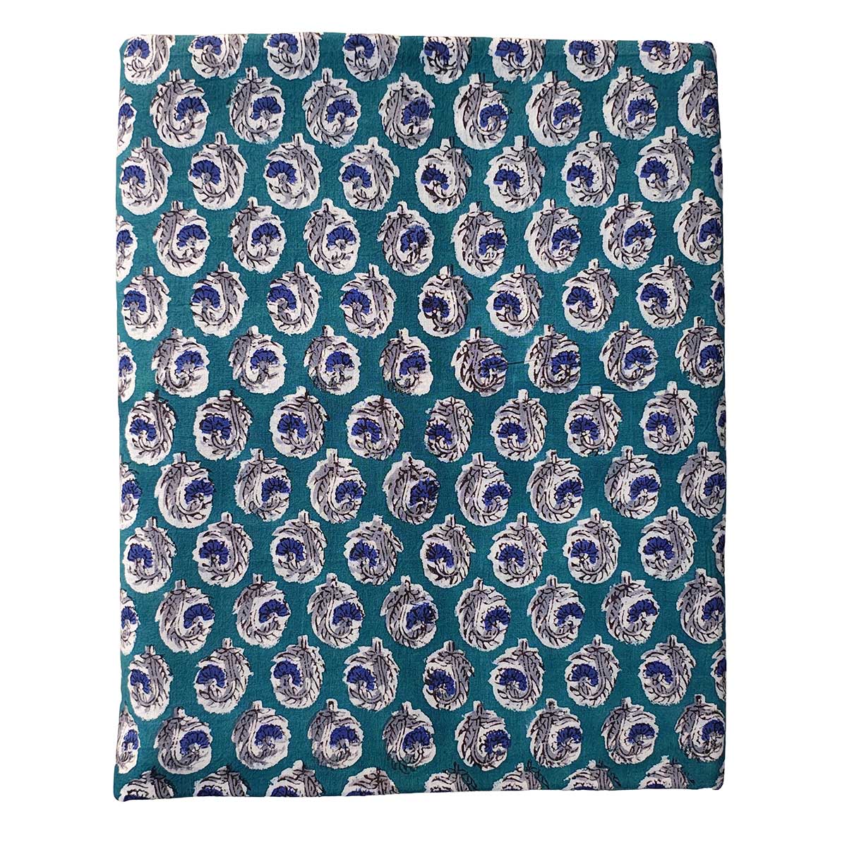 Sanganeri Hand Block Print Cotton Fabric – Teal Paisley Medallion
