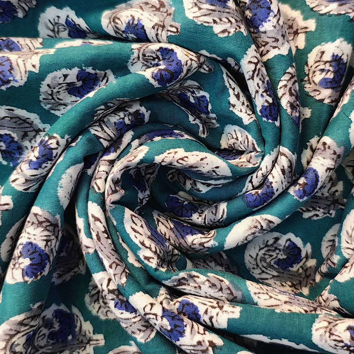 Sanganeri Hand Block Print Cotton Fabric – Teal Paisley Medallion
