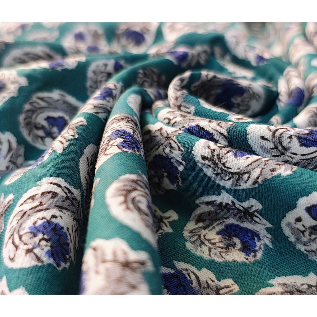 Sanganeri Hand Block Print Cotton Fabric – Teal Paisley Medallion