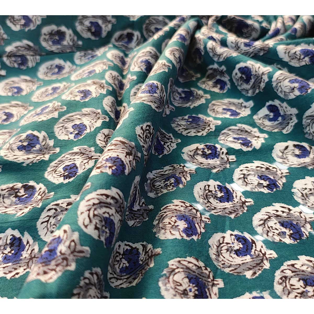 Sanganeri Hand Block Print Cotton Fabric – Teal Paisley Medallion