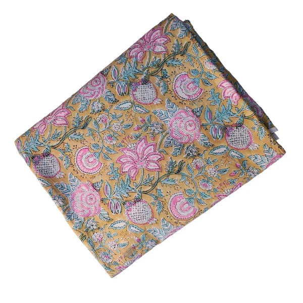 Sanganeri Hand Block Print Cotton Fabric – Golden Floral Bouquet
