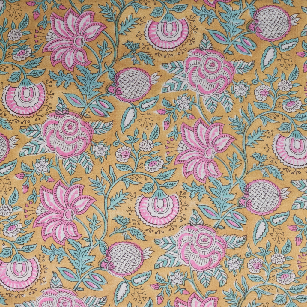 Sanganeri Hand Block Print Cotton Fabric – Golden Floral Bouquet