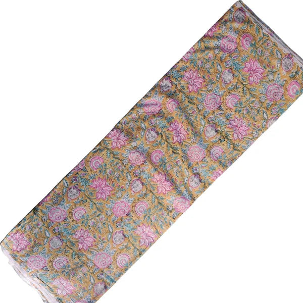 Sanganeri Hand Block Print Cotton Fabric – Golden Floral Bouquet