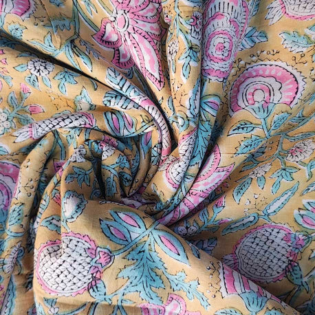 Sanganeri Hand Block Print Cotton Fabric – Golden Floral Bouquet