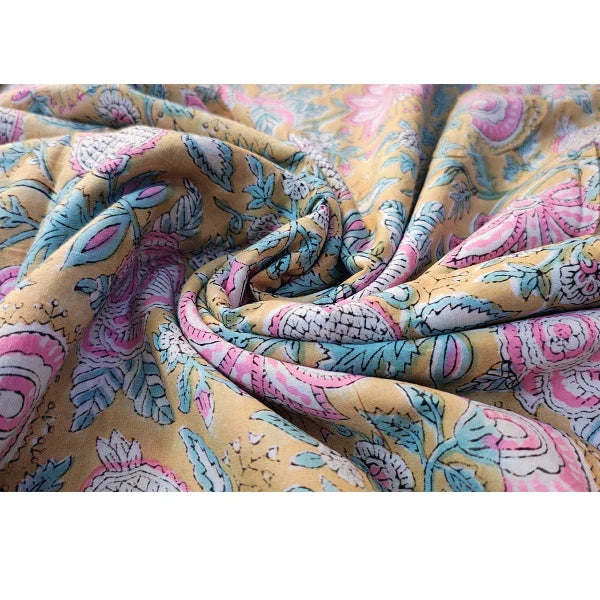 Sanganeri Hand Block Print Cotton Fabric – Golden Floral Bouquet