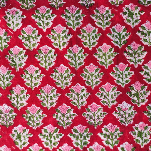 Sanganeri Hand Block Print Cotton Fabric – Red Floral Trellis