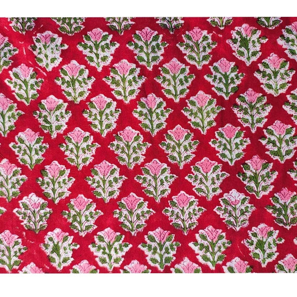 Sanganeri Hand Block Print Cotton Fabric – Red Floral Trellis