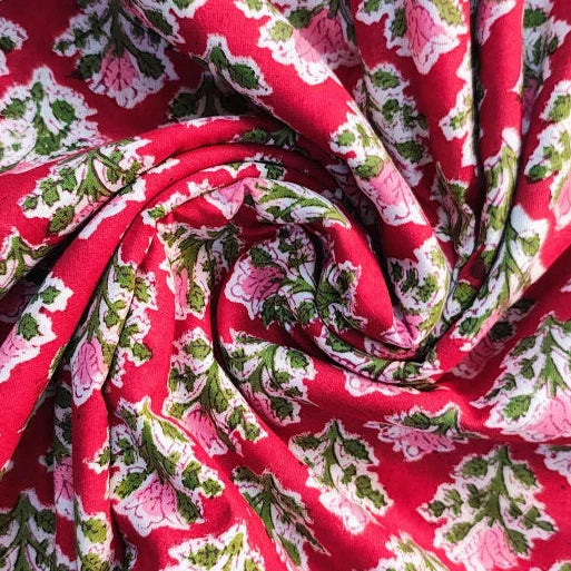 Sanganeri Hand Block Print Cotton Fabric – Red Floral Trellis
