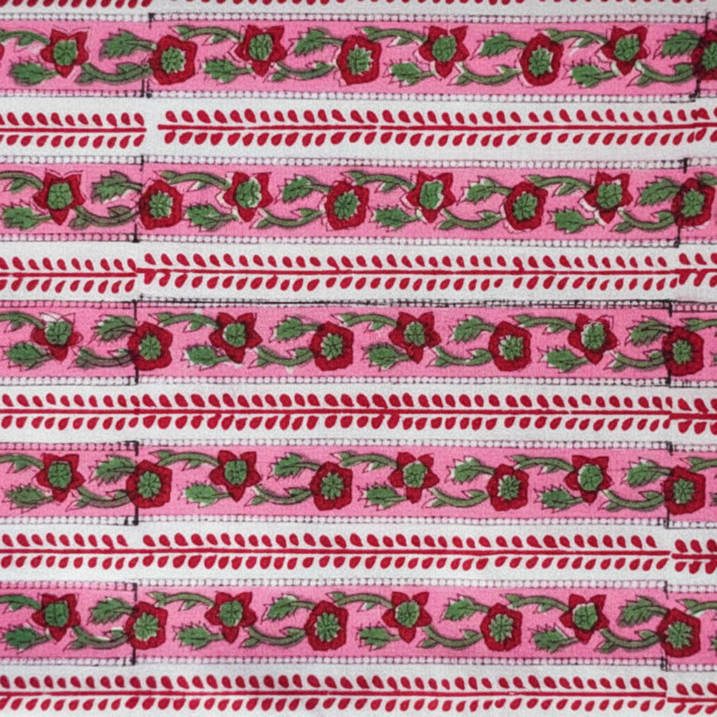 Sanganeri Hand Block Print Cotton Fabric – Pink Floral Stripe