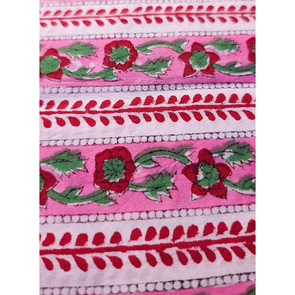 Sanganeri Hand Block Print Cotton Fabric – Pink Floral Stripe