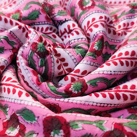 Sanganeri Hand Block Print Cotton Fabric – Pink Floral Stripe
