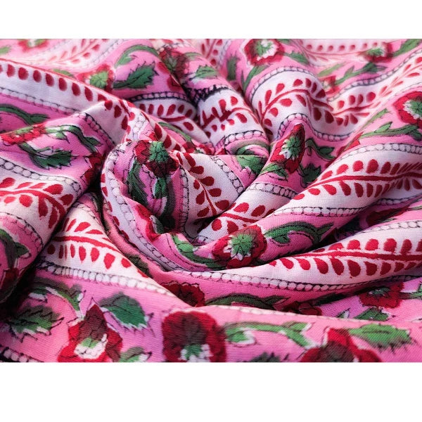 Sanganeri Hand Block Print Cotton Fabric – Pink Floral Stripe