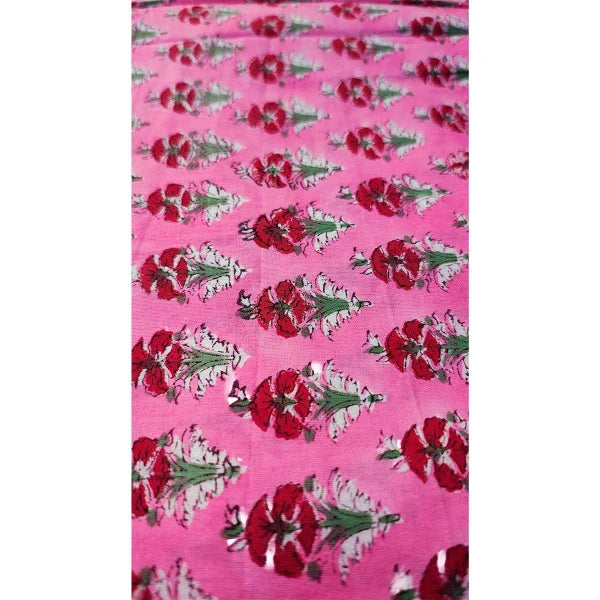 Sanganeri Hand Block Print Cotton Fabric – Pink Floral Booti