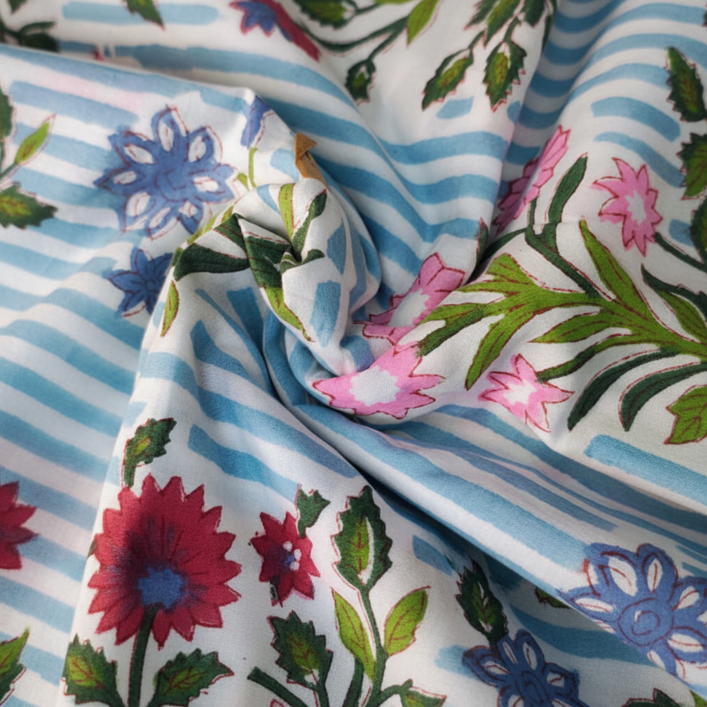 Sanganeri Hand Block Print Cotton Fabric – Blue And White Floral