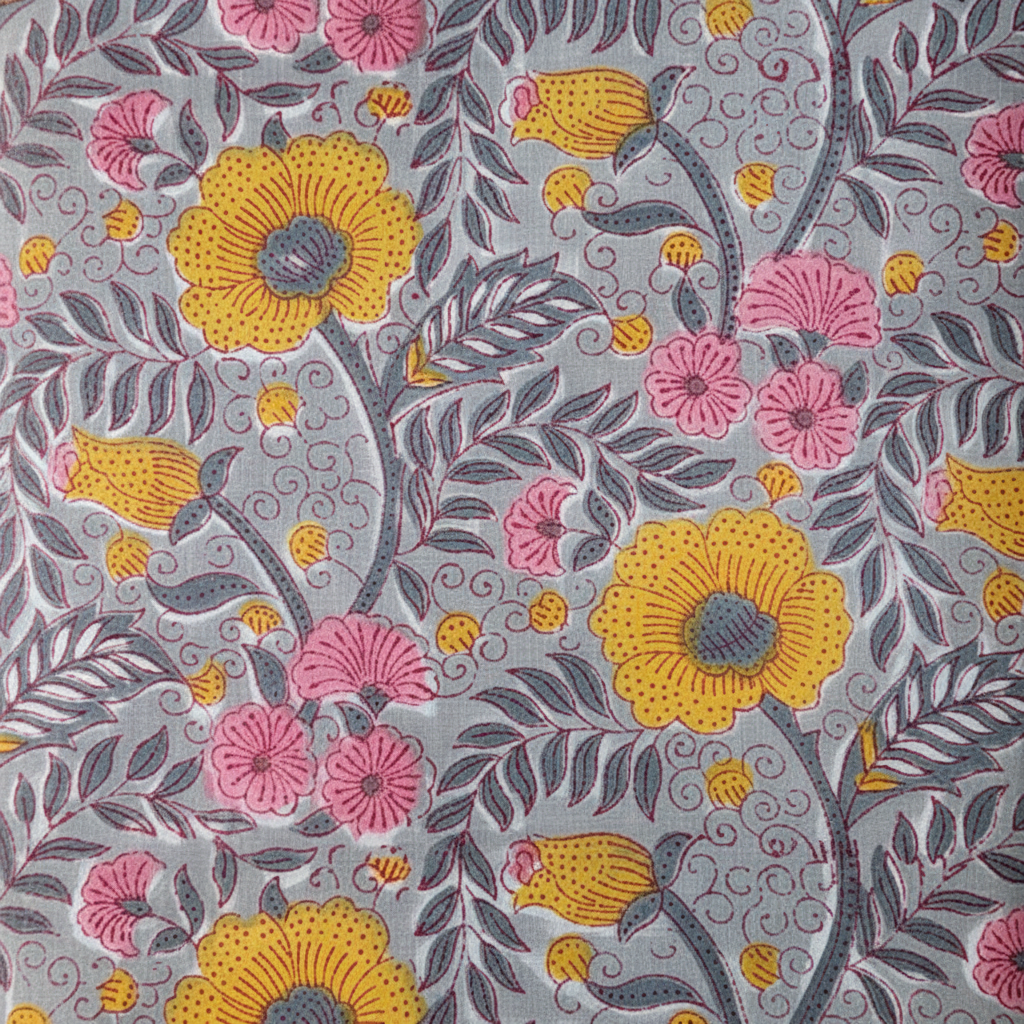 Sanganeri Hand Block Print Cotton Fabric – Grey And Yellow Floral