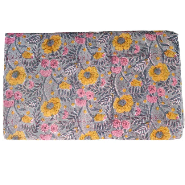 Sanganeri Hand Block Print Cotton Fabric – Grey And Yellow Floral
