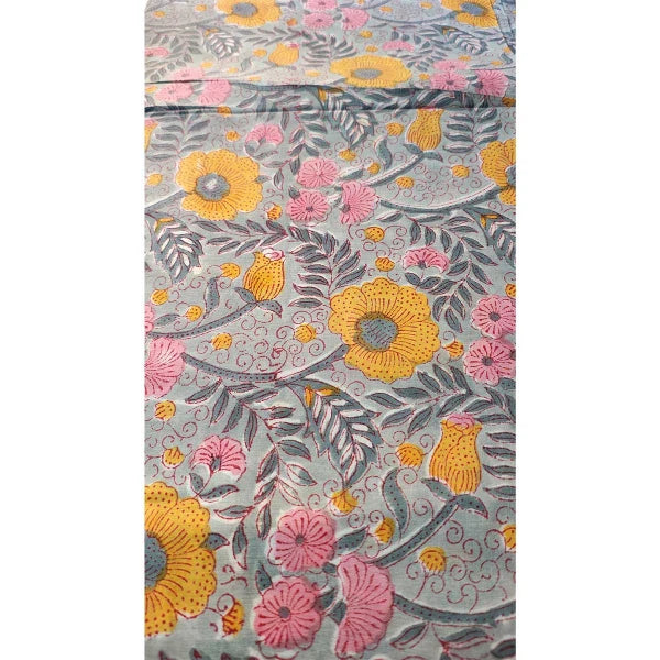 Sanganeri Hand Block Print Cotton Fabric – Grey And Yellow Floral