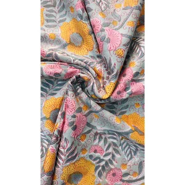 Sanganeri Hand Block Print Cotton Fabric – Grey And Yellow Floral