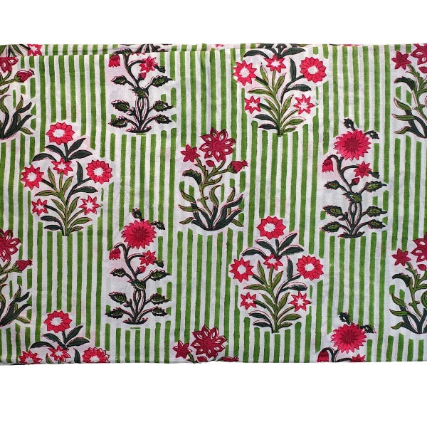 Sanganeri Hand Block Print Cotton Fabric – Green And Red Floral