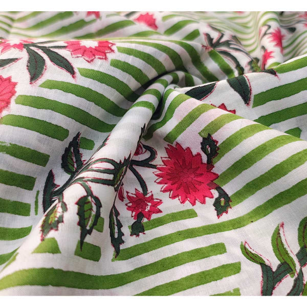 Sanganeri Hand Block Print Cotton Fabric – Green And Red Floral