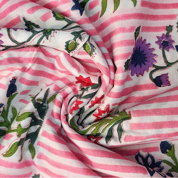 Sanganeri Hand Block Print Cotton Fabric – Pink Purple And Red Floral
